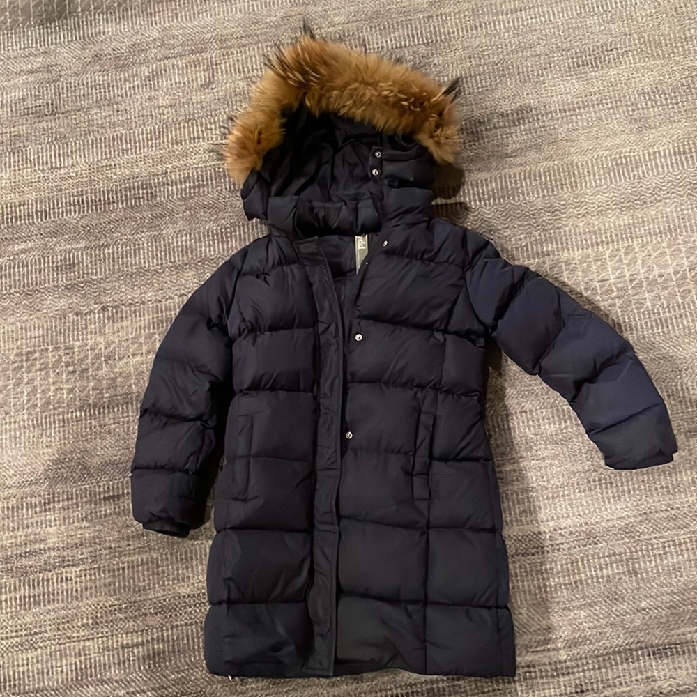 Navy kids down jacket with a fur lined hood!